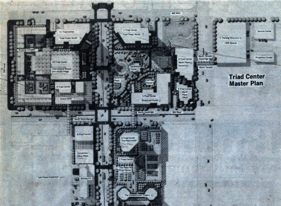 A master plan of the Triad Center for two 43-story buildings that appeared in both the Salt Lake Tribune and Deseret News in 1984. (Photo: Deseret News archive)