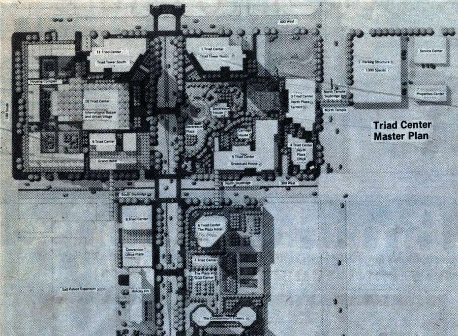 A master plan of the Triad Center for two 43-story buildings that appeared in both the Salt Lake Tribune and Deseret News in 1984. (Photo: Deseret News archive)