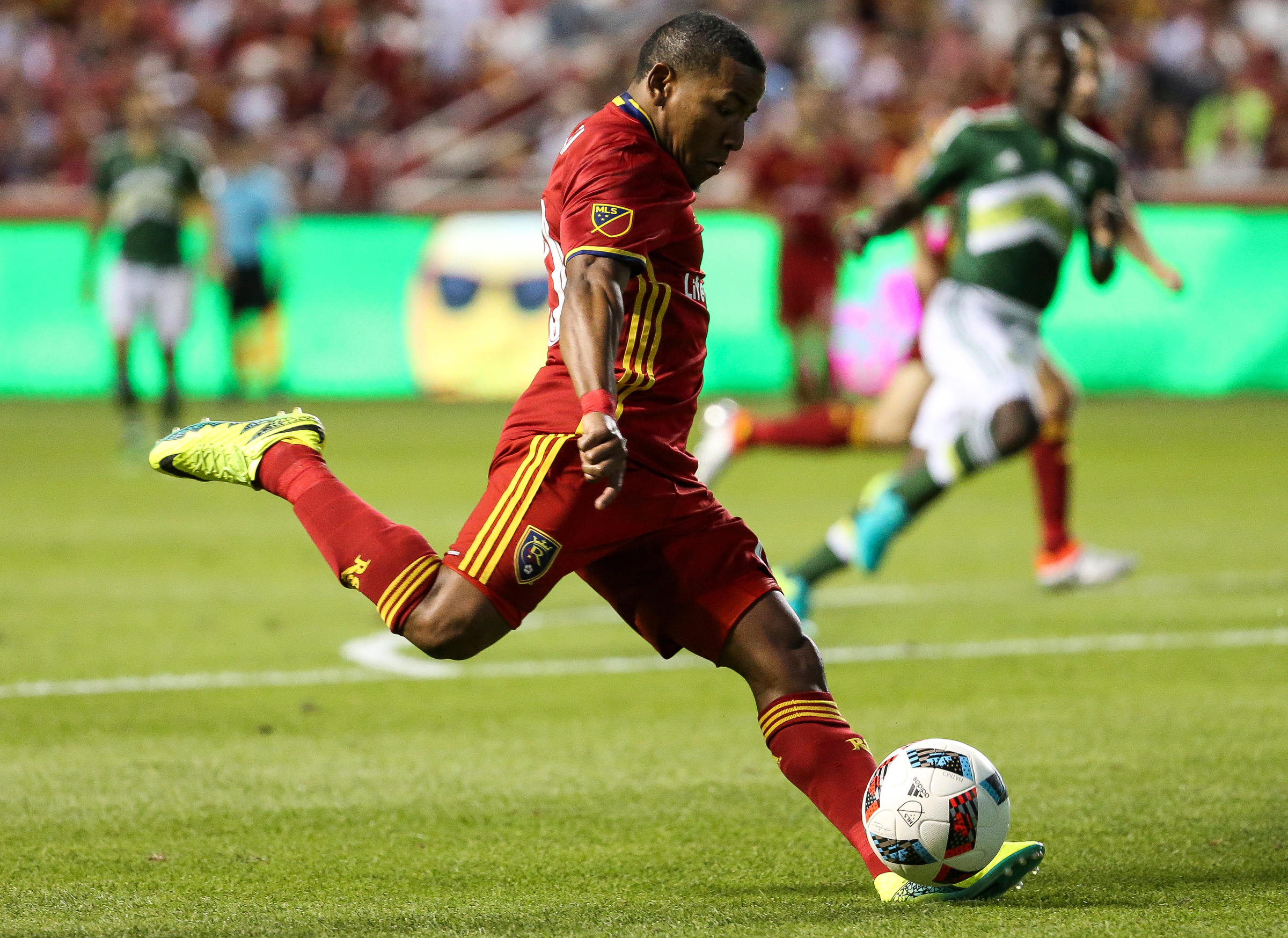 Real Salt Lake forward Joao Plata (10) lines up a kick during a Major League Soccer match at Rio Tinto Stadium in Sandy on Saturday, June 18, 2016.