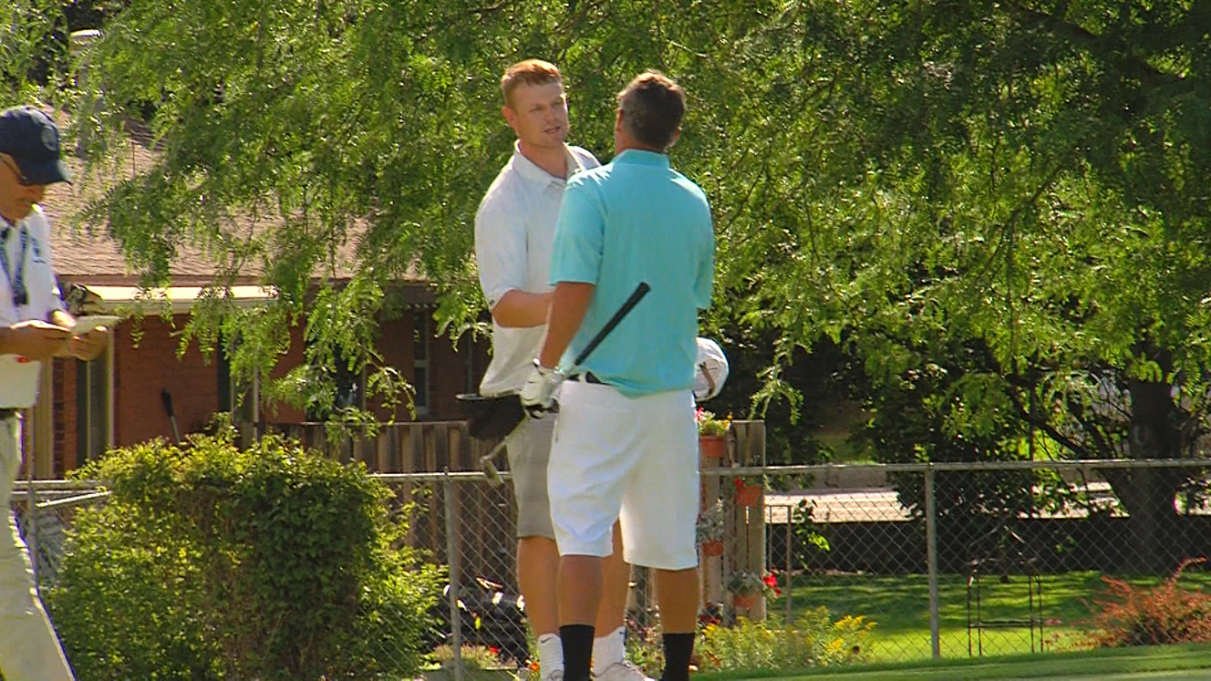 Draper's Aaron Smith congratulates BYU golfer Patrick Fishburn after the 36-hole final of the Utah State Amateur Championship at Alpine Country Club, July 16, 2016 in Alpine, Utah. Smith lost to BYU golfer Patrick Fishburn 4 and 2 in the final. (Photo: Jay Dortzbach, KSL-TV)