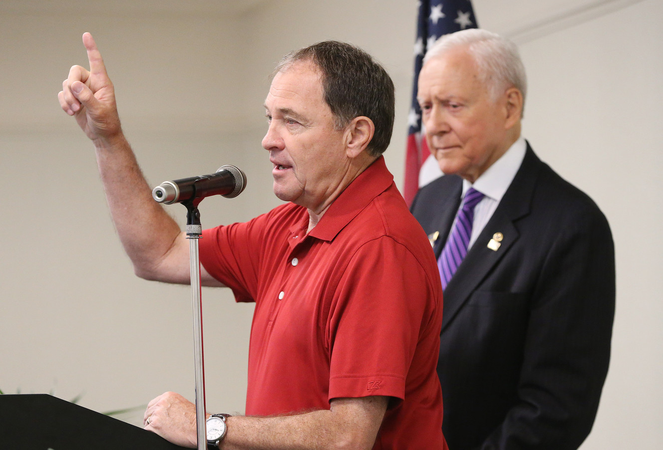 Utah Gov. Gary Herbert speaks to Utah delegates in Akron, Ohio, along with Sen. Orrin Hatch, R-Utah, prior to the National Republican Convention on Monday, July 18, 2016. (Photo: Jeffrey D. Allred, Deseret News)