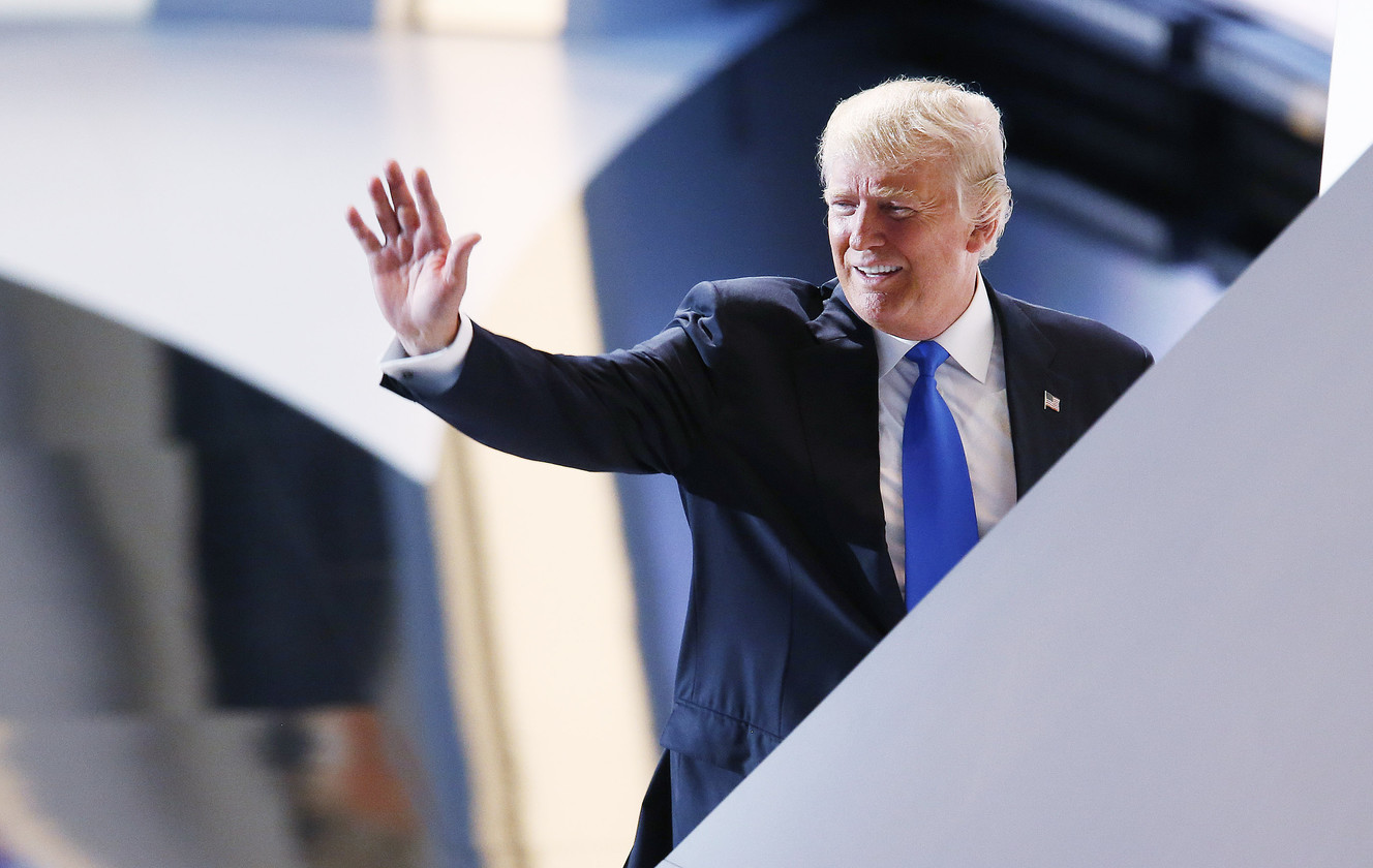 Donald Trump walks off stage after escorting his wife, Melania, for her speech during the National Republican Convention in Cleveland on Monday, July 18, 2016. (Photo: Jeffrey D. Allred, Deseret News)