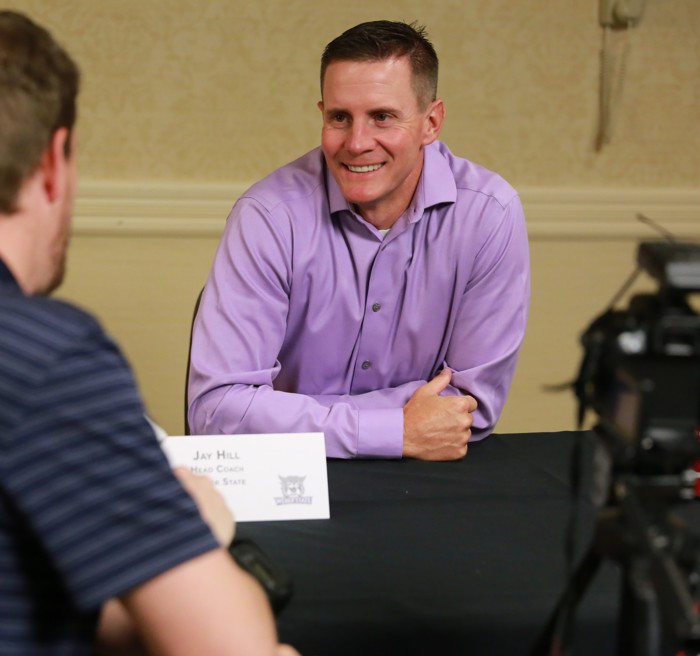 Weber State football head coach Jay Hill at the Big Sky Media Day (Photo: Mackenzie Kasper, Big Sky Conference).