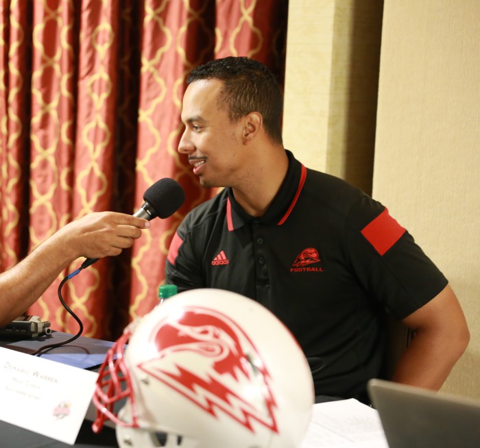 Southern Utah football head coach Demario Warren at Big Sky Media Day (Photo: Mackenzie Kasper, Big Sky Conference).