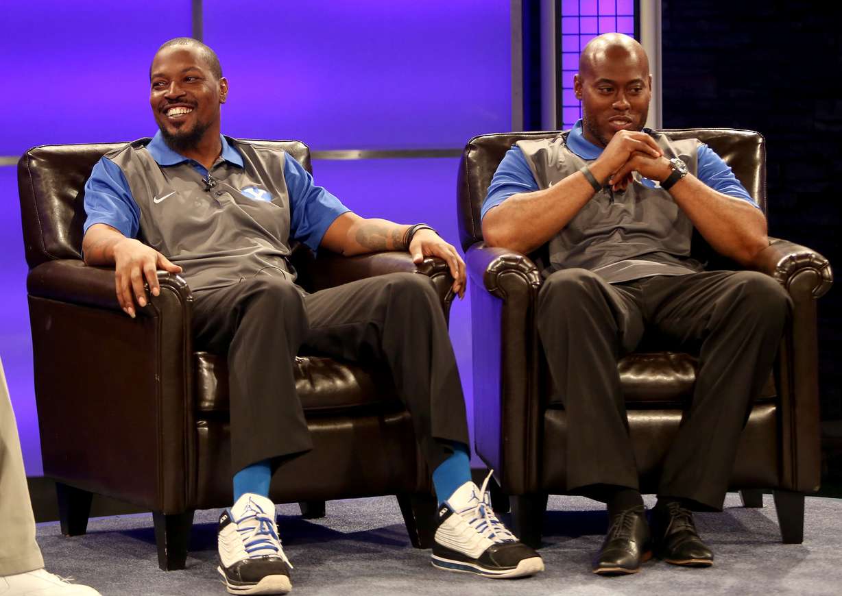 Tim McTyer and Ronney Jenkins, both from the 1996 Cotton Bowl champion football team, answer questions during BYU Media Day at BYU Broadcasting in Provo on Thursday, June 30, 2016. (Photo: Kristin Murphy, Deseret News)