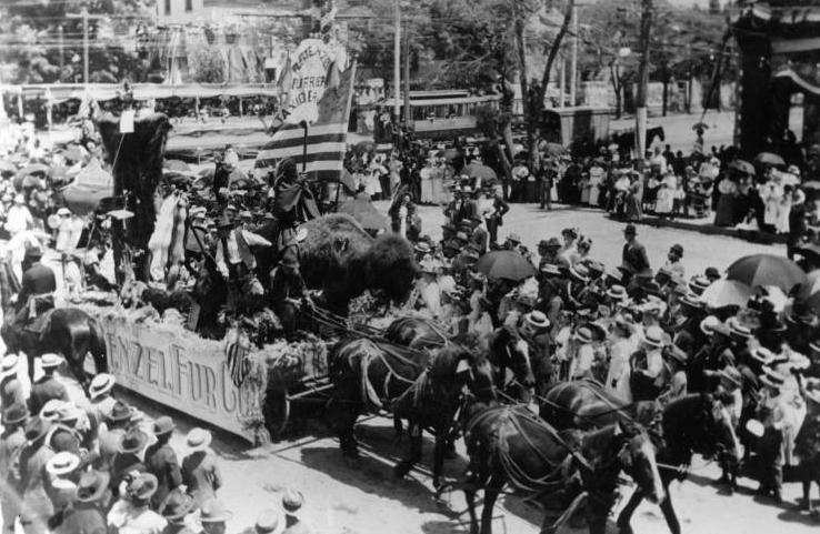 An image of the float from Stenzel Fur Company during the 1897 Pioneer Day parade — the 50th anniversary of the pioneers settlers making it to the Salt Lake valley. (Photo: Utah State Historical Society)