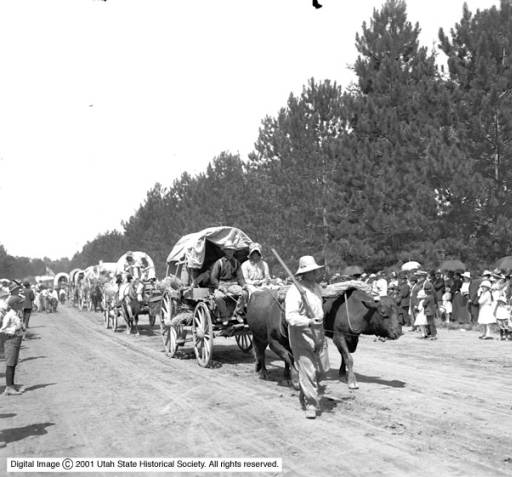 A 1912 image showing the covered wagons, pioneers, and oxen in the Pioneer Day Parade at Liberty Park. (Photo: Utah State Historical Society)