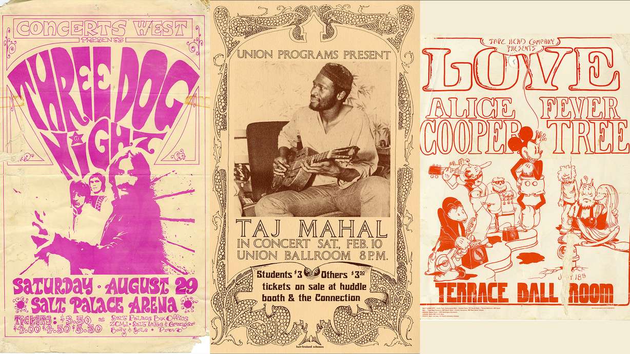 A sample of concert posters currently at University of Utah’s J. Willard Marriott Library, which has about 5,000 posters spanning more than 50 years of music. (Photo: University of Utah)