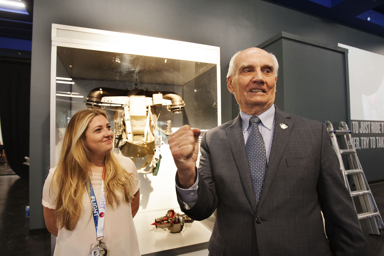 Katreena Newman smiles as former Sen. Jake Garn, R-Utah, talks about his mission into space at The Leonardo in Salt Lake City on Thursday, Aug. 4, 2016. (Photo: Hans Koepsell, Deseret News)