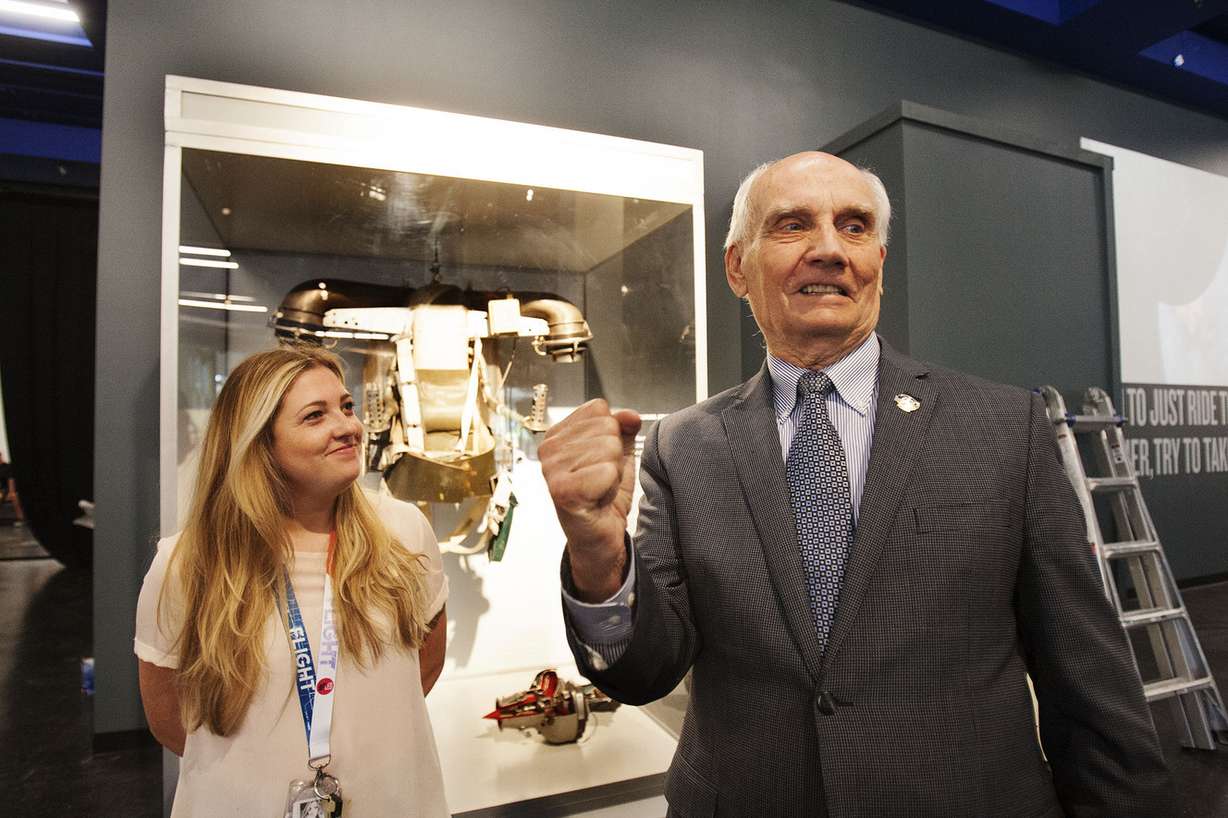 Katreena Newman smiles as former Sen. Jake Garn, R-Utah, talks about his mission into space at The Leonardo in Salt Lake City on Thursday, Aug. 4, 2016. (Photo: Hans Koepsell, Deseret News)
