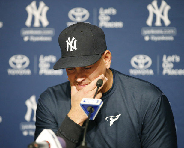 New York Yankees' Alex Rodriguez pauses as he announces that Friday, Aug. 12, 2016, will be his last game as a player during a news conference at Yankee Stadium in New York, Sunday, Aug. 7, 2016. He will continue on in a role as a special advisor and instructor to the team through Dec. 31, 2017. (Kathy Willens, AP Photo)