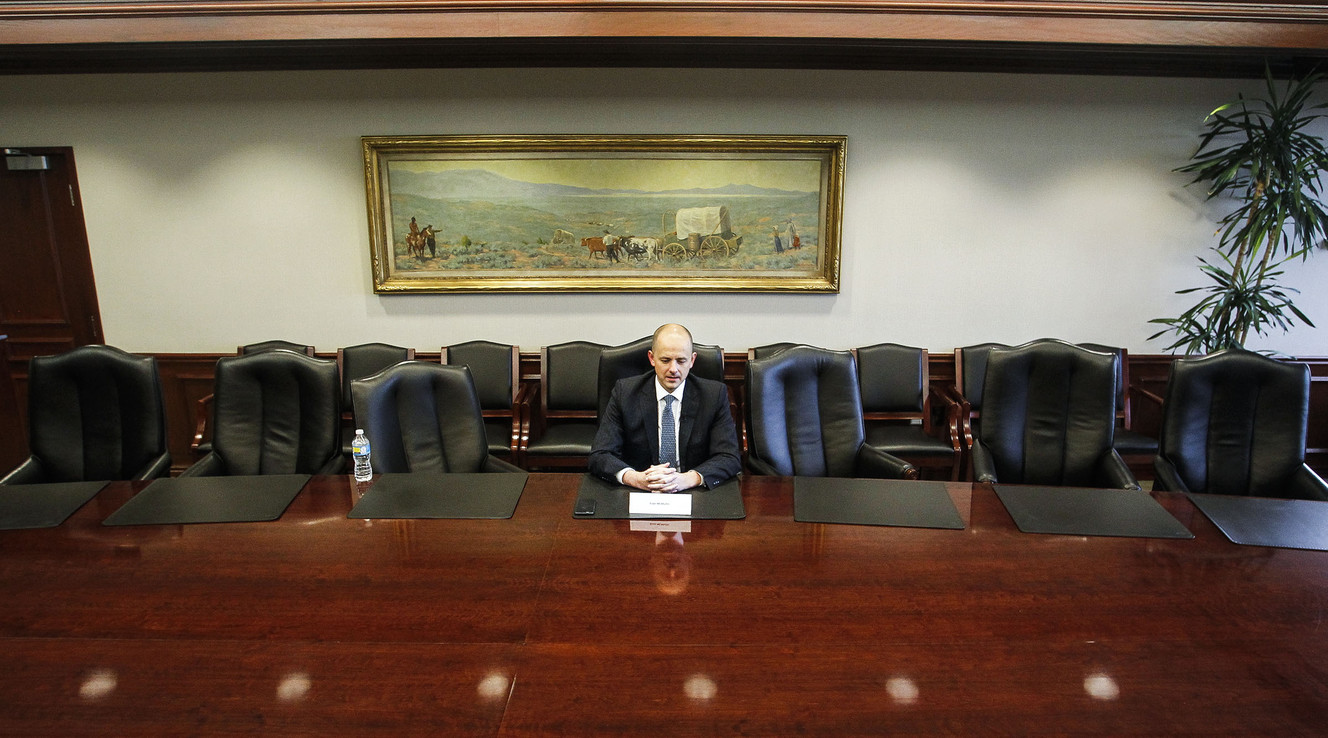 Evan McMullin, who's running an independent bid for president, talks with the Deseret News and KSL editorial boards in Salt Lake City on Wednesday, Aug. 10, 2016. (Photo: Weston Kenney, Deseret News)