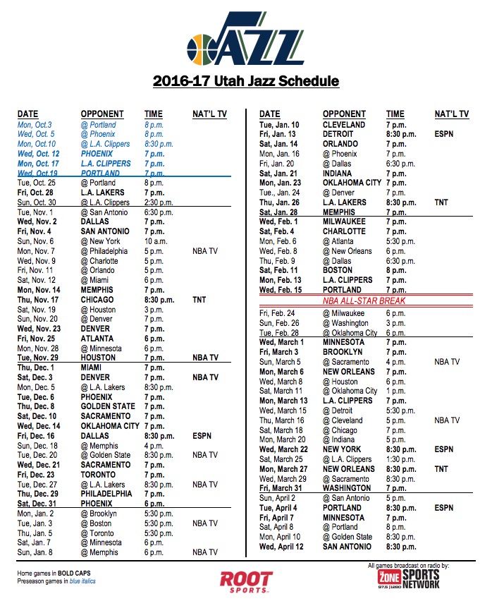 printable 2018 2019 utah jazz schedule - utah jazz announce 2017 18 ...