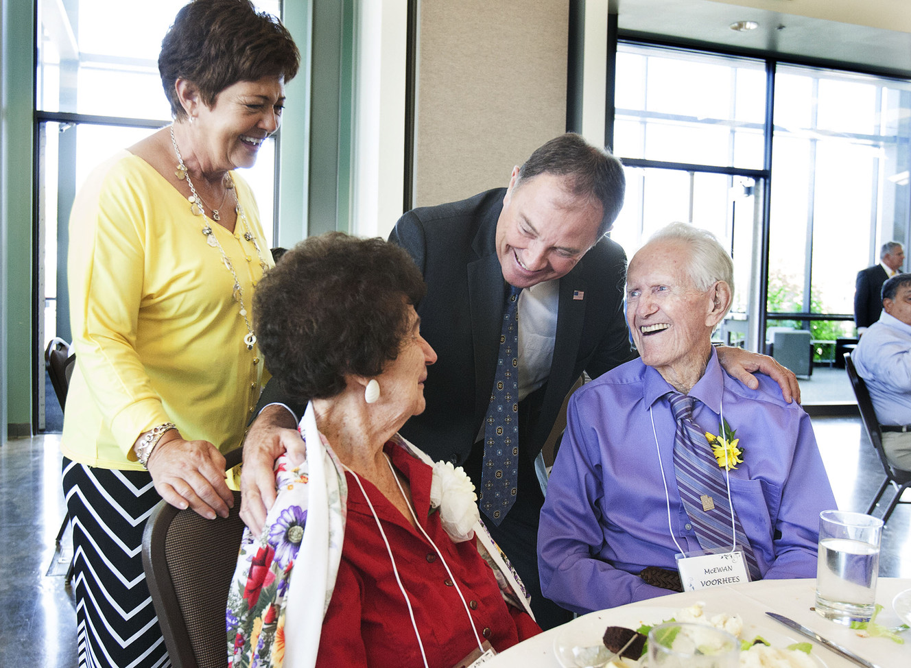 Utah first lady Jeanette Herbert and Gov. Gary Herbert greet Christine Grover, 101, and McEwan Voorhees, 99, at the 30th Centenarian Celebration at the Viridian Event Center in West Jordan on Friday, Aug. 19, 2016. (Photo: Hans Koepsell, Deseret News)
