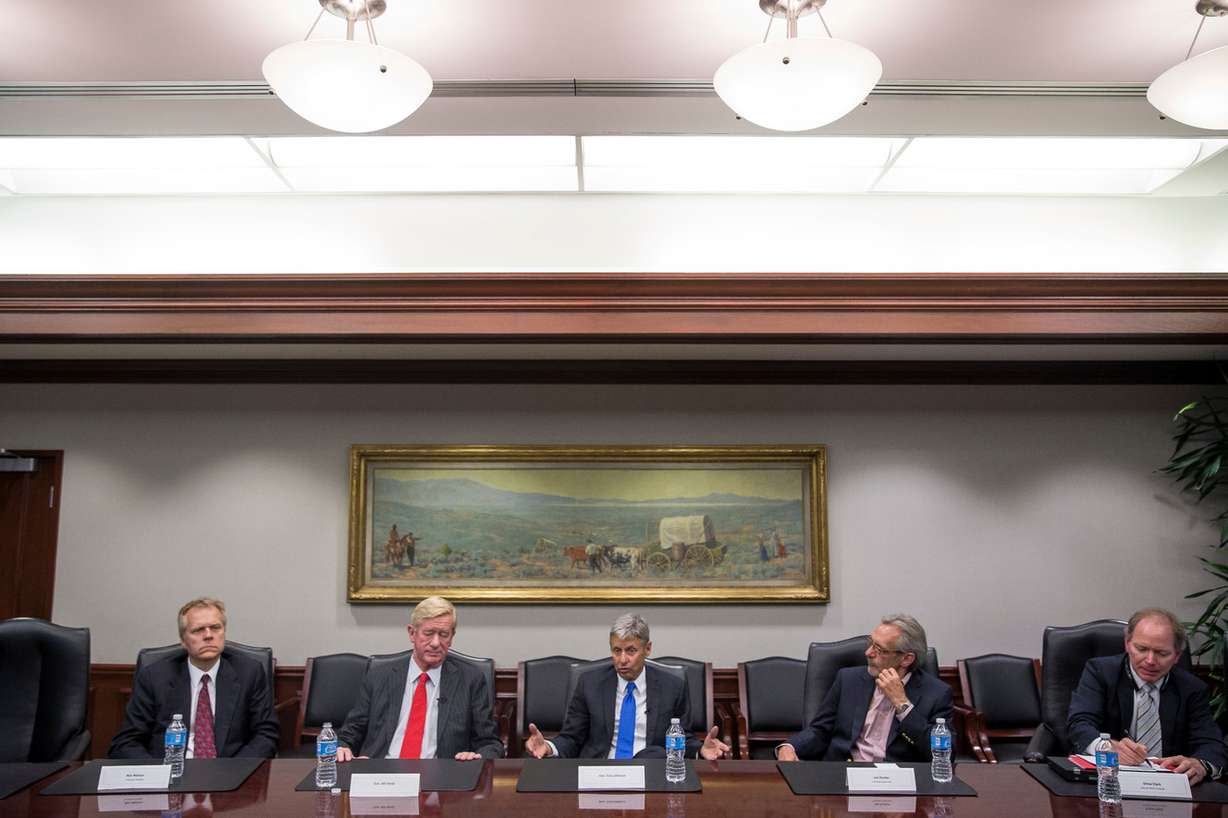 Libertarian presidential candidate Gary Johnson, center, and his running mate, Bill Weld, second from left, speak with the Deseret News and KSL editorial board in Salt Lake City on Friday, Aug. 19, 2016. (Photo: Spenser Heaps, Deseret News)