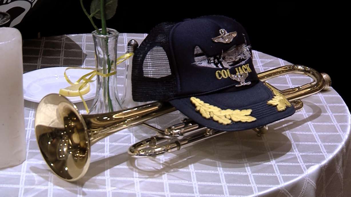 Col. Jack Tueller's hat and trumpet at the Utah Honor Flight banquet in Baltimore in 2015. (Photo: Ray Boone)