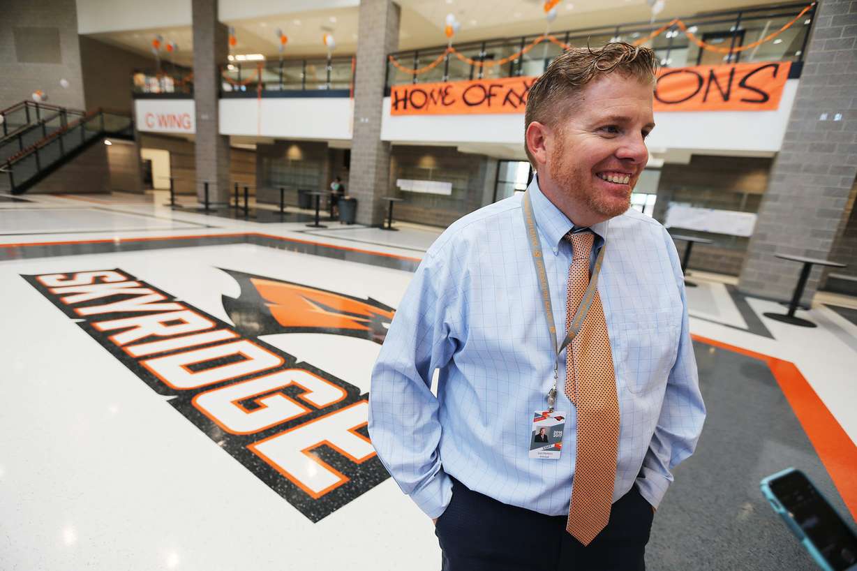 Skyridge High School Principal Joel Perkins talks about the excitement of being in a new school as students, teachers and administrators work through their first day at the newly opened school in Lehi on Monday, Aug. 22, 2016. (Photo: Scott G Winterton, Deseret News)