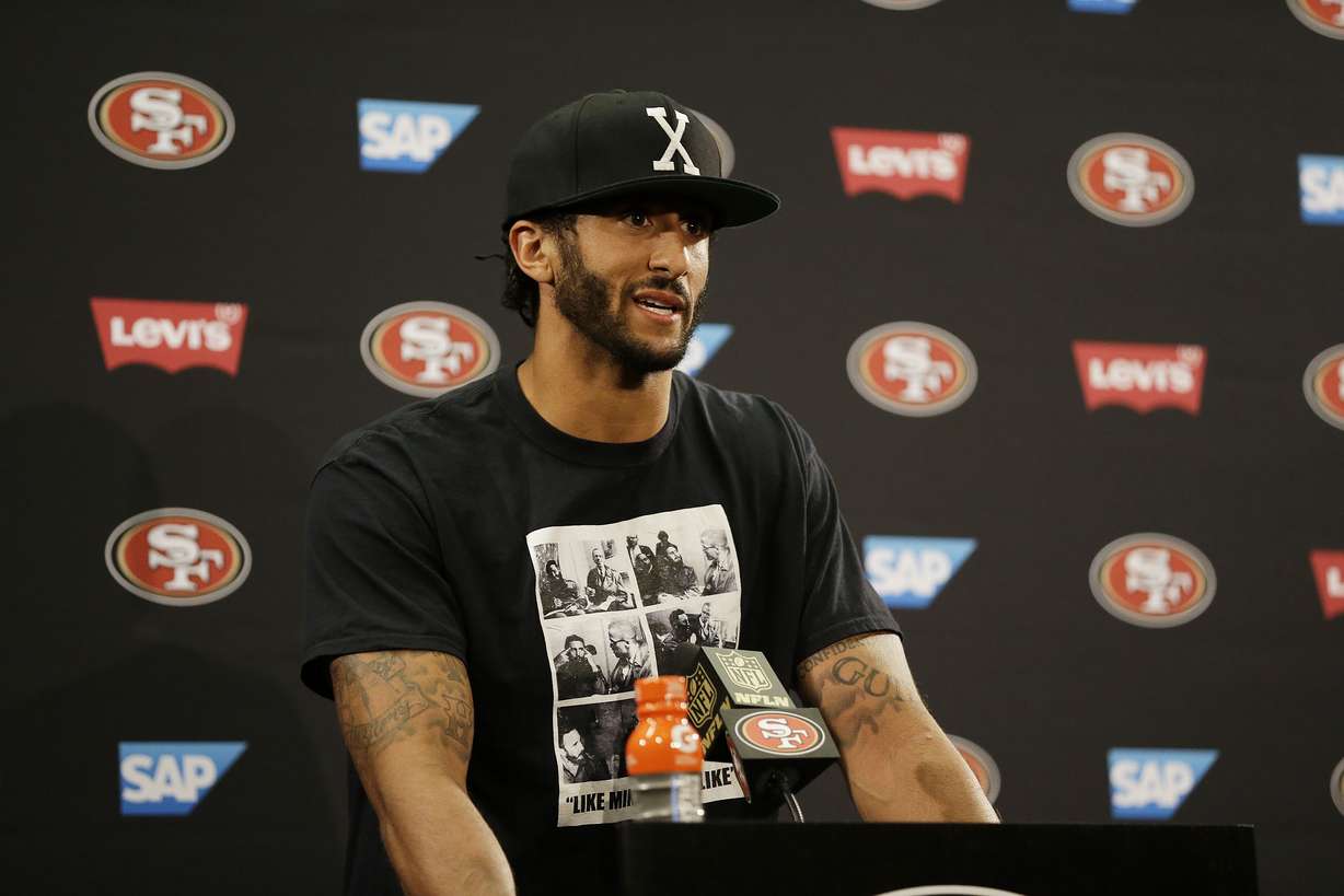 San Francisco 49ers quarterback Colin Kaepernick answers questions at a news conference after an NFL preseason football game against the Green Bay Packers Friday, Aug. 26, 2016, in Santa Clara, Calif. Green Bay won the game 21-10. (Ben Margot, AP Photo)
