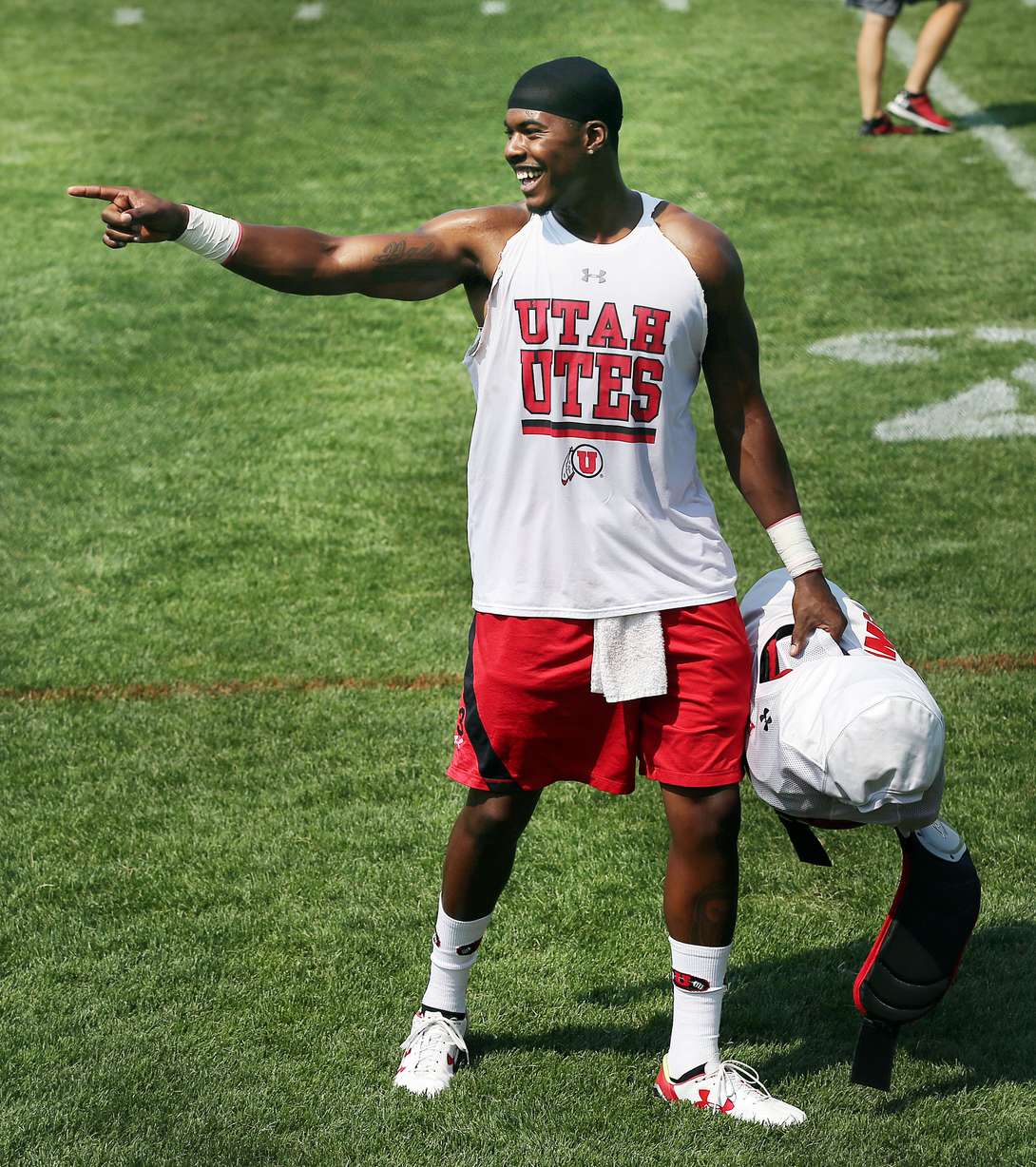 Troy Williams jokes with teammates following University of Utah football practice in Salt Lake City on Friday, Aug. 19, 2016. (Photo: Ravell Call, Deseret News)