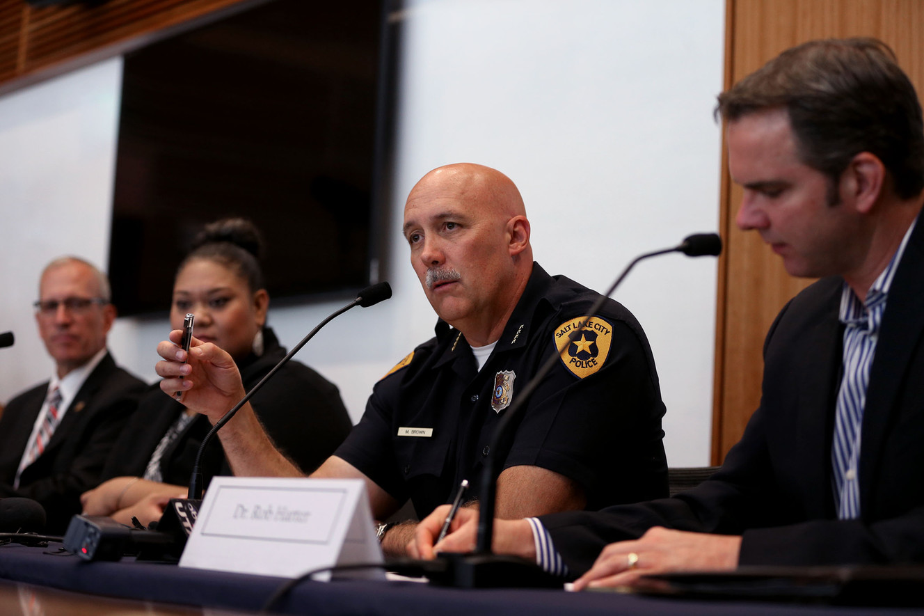 Salt Lake City Police Chief Mike Brown, second from right, speaks during the Utah Law Enforcement Multicultural Affairs meeting in Salt Lake City on Monday, Aug. 29, 2016. With Brown is Keith Squires, commissioner of the Utah Department of Public Safety, left, Lavinia Taumoepeau, and Rob Harter, chairman of the Utah MLK Human Rights Commission. (Photo: Laura Seitz, Deseret News)