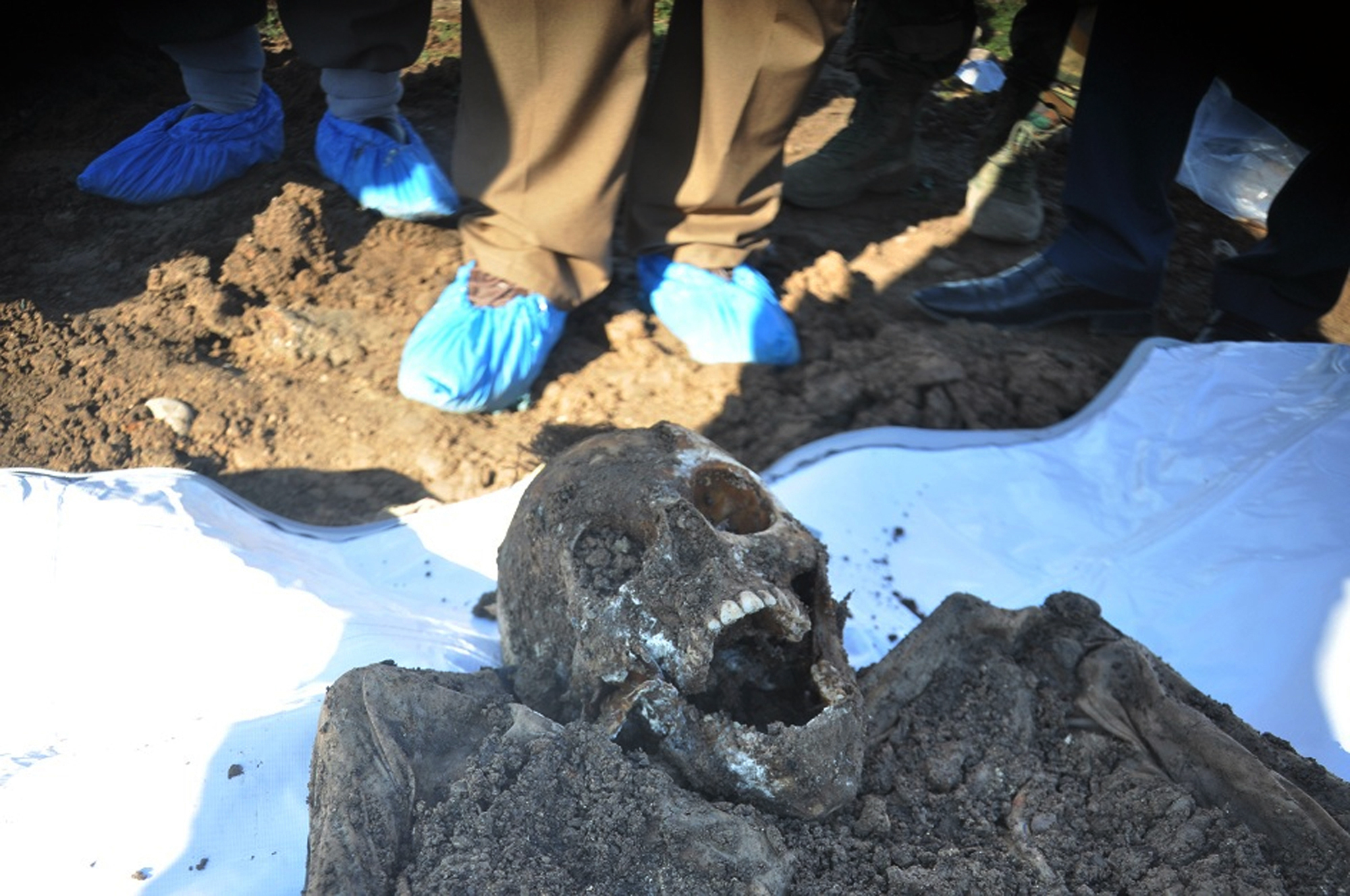 This photo released by the the Mass Graves Directorate of the Kurdish Regional Government shows a skeleton exhumed from a mass grave containing Yazidis killed by Islamic State militants in the Sinjar region of northern Iraq. Photo: AP Photo