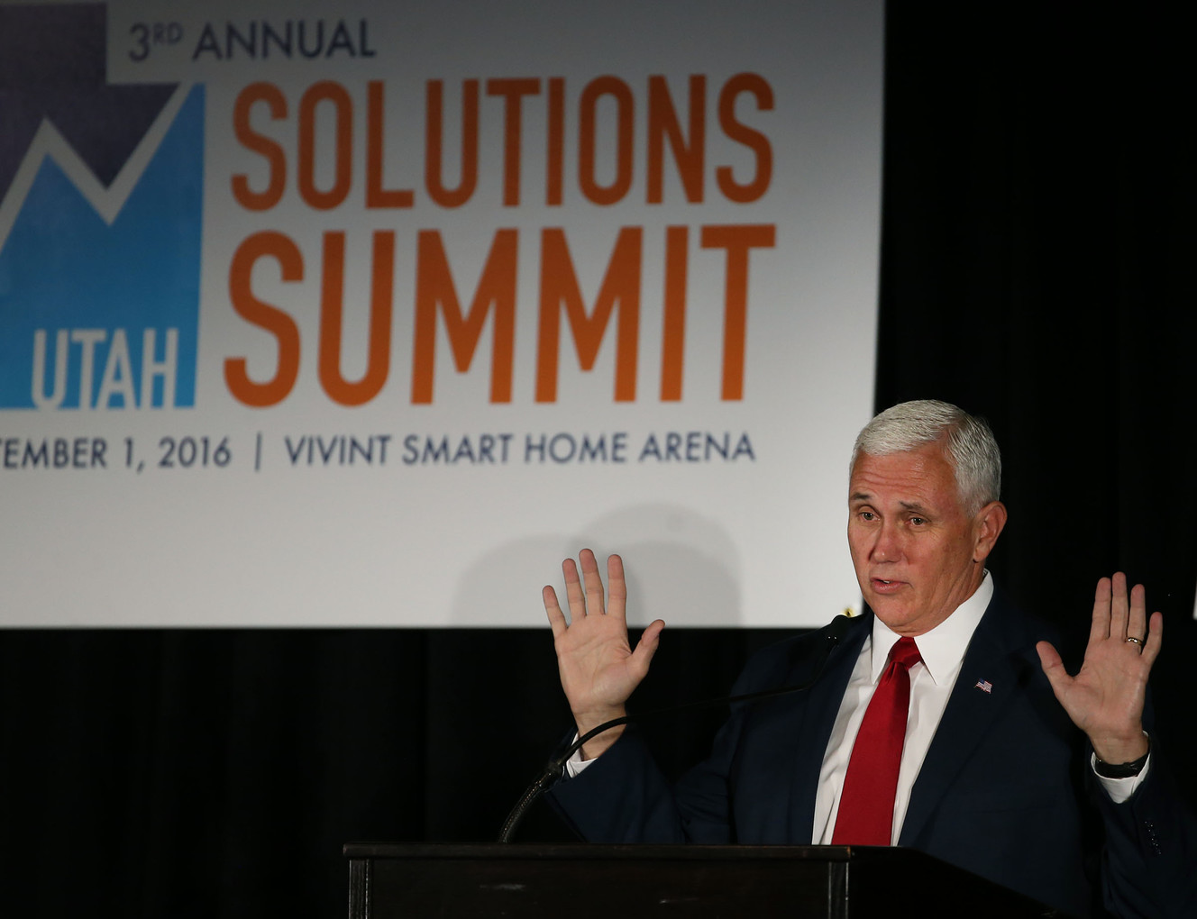 Indiana governor and Republican Party nominee for vice president of the United States Mike Pence speaks at Sen. Mike Lee's 3rd Annual Work Force Solutions Summit at Vivint Smart Home Arena in Salt Lake City on Thursday, Sept.1, 2016. (Photo: Laura Seitz, Deseret News)
