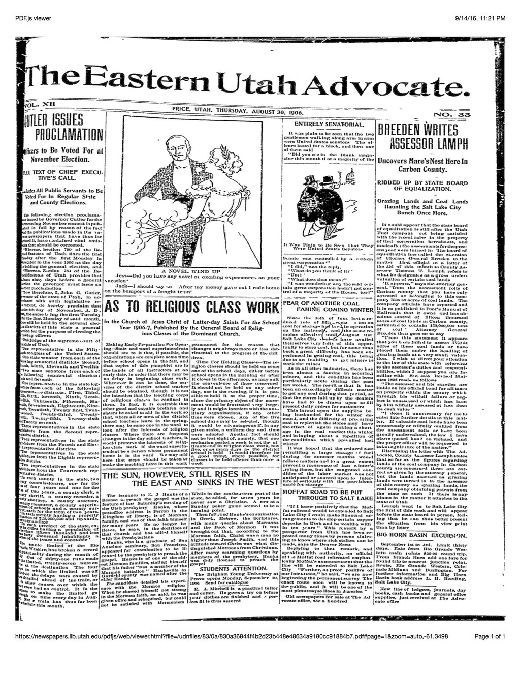 The Eastern Utah Advocate, a small country newspaper, ran from 1895-1915. It names Green River's "Fruit Festival" as a successful event in their August 30, 1906 edition, giving Melon Days its official birthday. (Photo: Public Domain Utah Digital Newspapers)