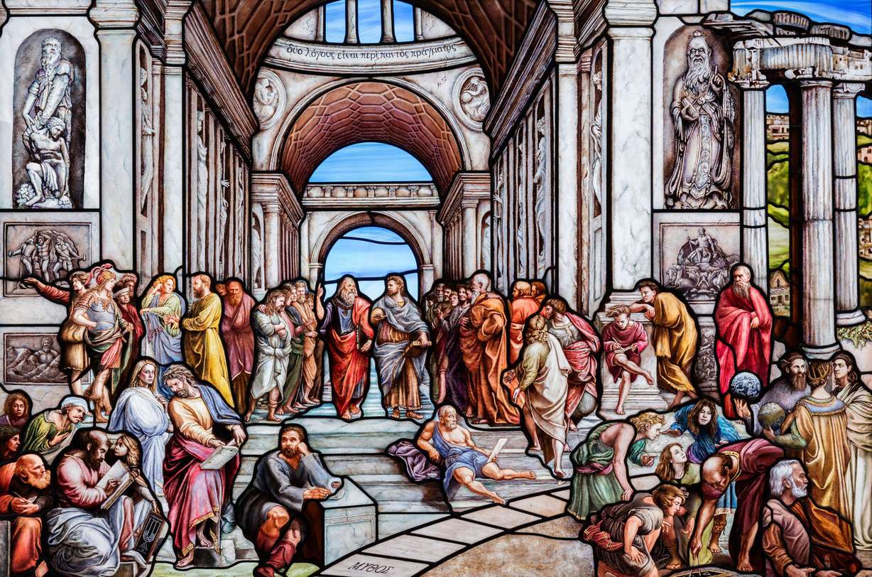 Many of the artists and Utah Valley University professors who collaborated on “Roots of Knowledge” are depicted in a reproduction of Rafael's "The School of Athens." The 80-panel stained-glass project will be installed at the Utah Valley University Library and unveiled to the public on Nov. 18 as a capstone to the university's 75th anniversary celebration. (Photo: Laura Seitz, Deseret News)