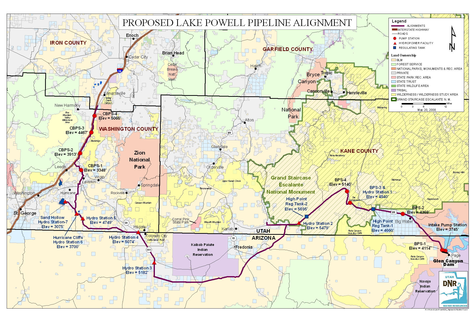 This map shows the route of the proposed pipeline as well as the placement of hydroelectric stations and pumping stations. Photo: File