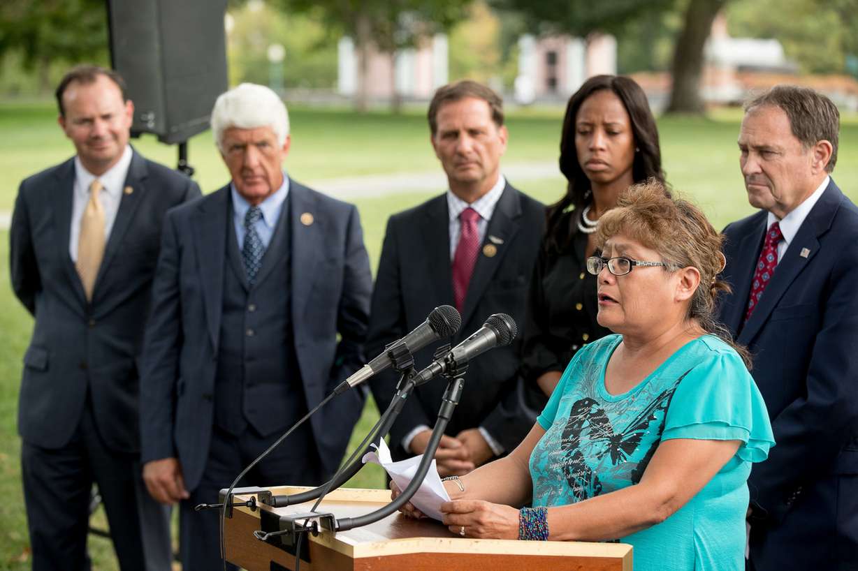 From left, Sen. Mike Lee, R-Utah, Rep. Rob Bishop, R-Utah, Rep. Chris Stewart, R-Utah, Rep. Mia Love, R-Utah, and Utah Gov. Gary Herbert listens as Utah resident and Navajo Susie Philemon, bottom right, becomes emotional as she expresses her opposition to a proposed national monument in the Bears Ears region in southeast Utah on Wednesday, Sept. 21, 2016. Philemon spoke on Capitol Hill in Washington, D.C. (Photo: Andrew Harnik, Associated Press)