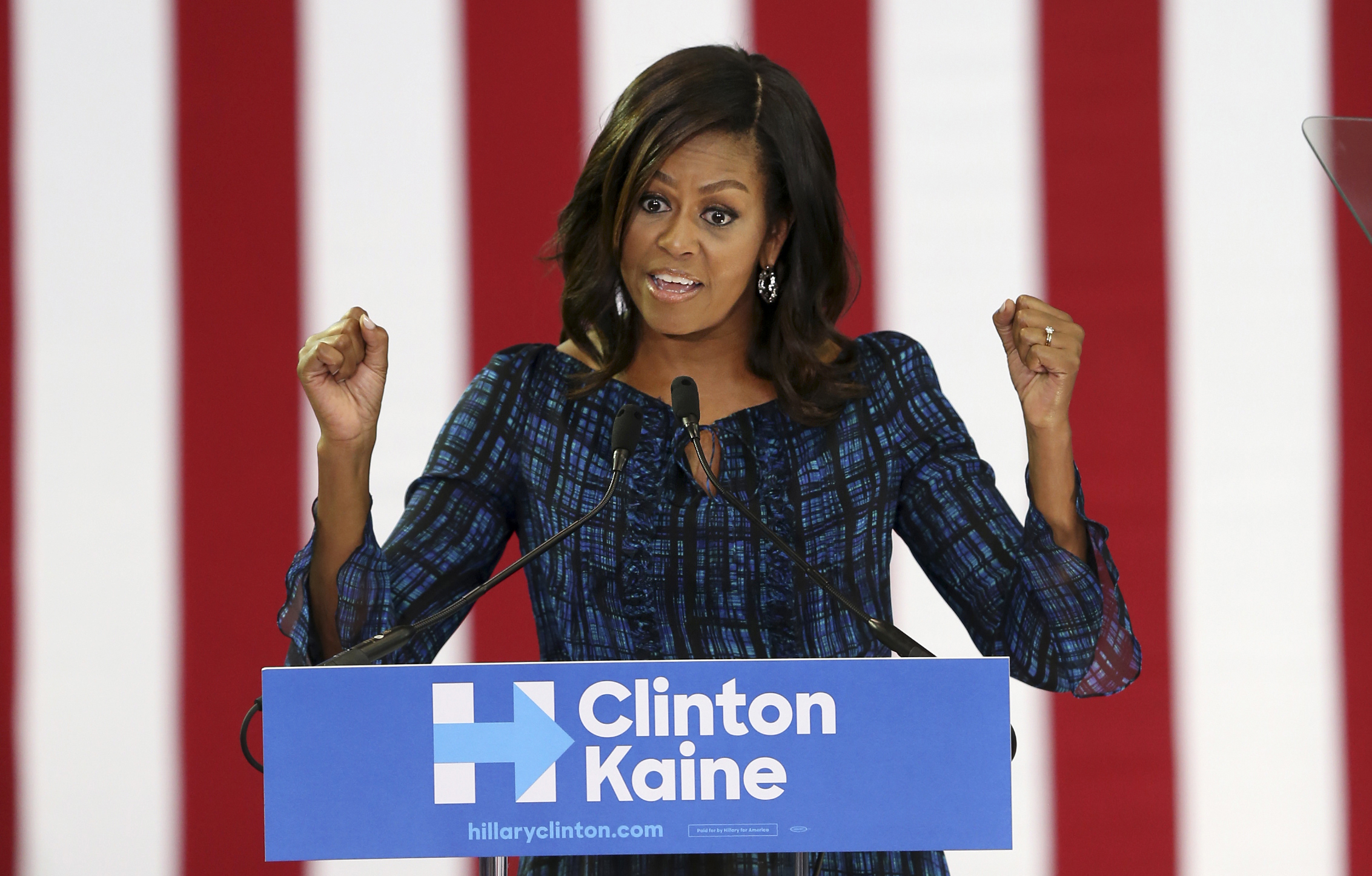 First lady Michelle Obama speaks at LaSalle University in Philadelphia, Wednesday, Sept. 28, 2016, as she campaigns for presidential candidate Hillary Clinton. Photo: Mel Evans, AP Photo