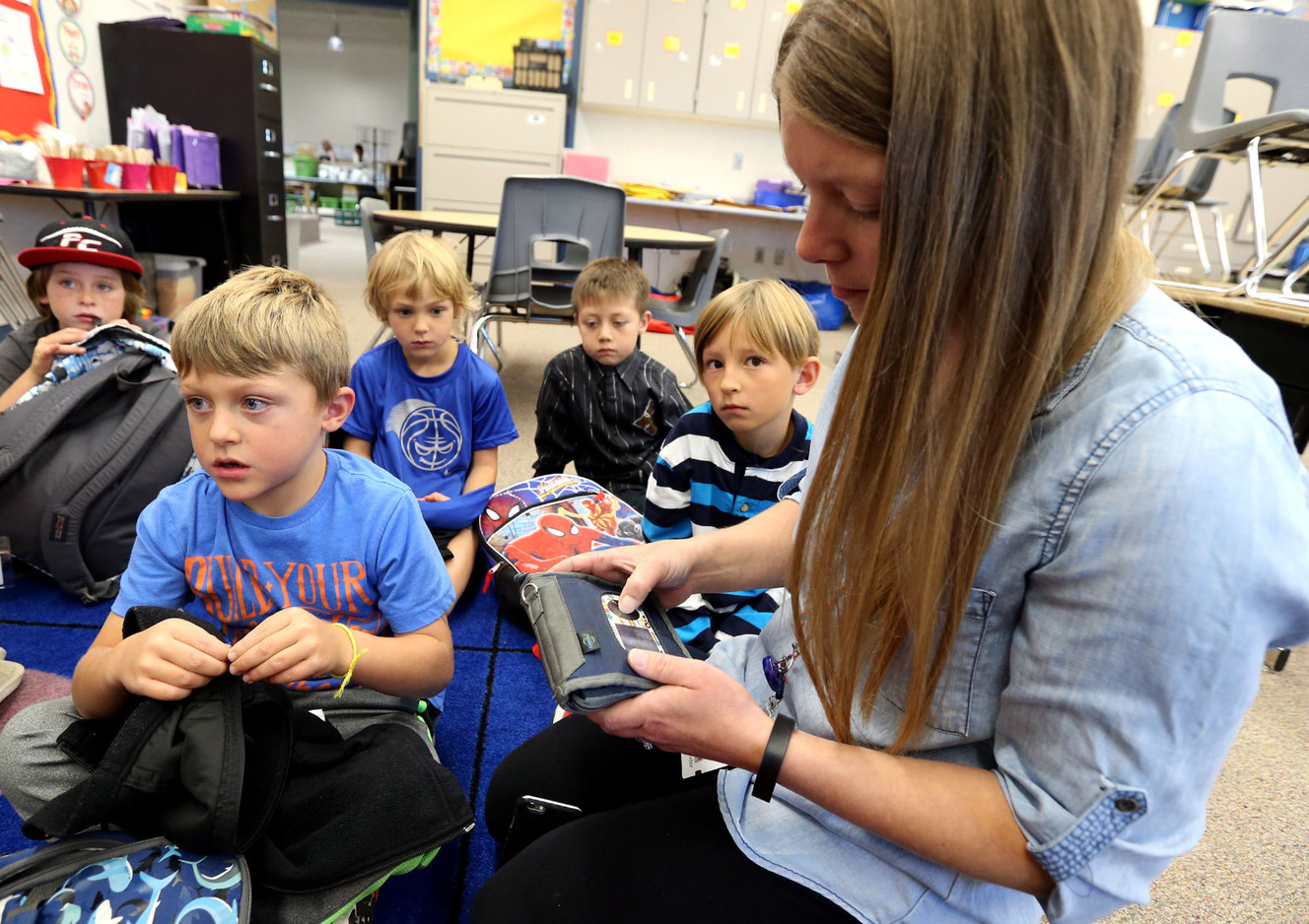 Sandy Joder, a school nurse, checks the blood sugar of first-grader Alex Adrian, who has Type 1 diabetes, at Trailside Elementary School in Park City on Monday, Sept. 26, 2016. Photo: Kristin Murphy, Deseret News