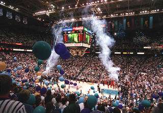 Balloons drop and fireworks shoot upward at the beginning of Game 1 of the NBA finals at the Delta Center on June 3, 1998. (Photo: Ravell Call, Deseret News, File)