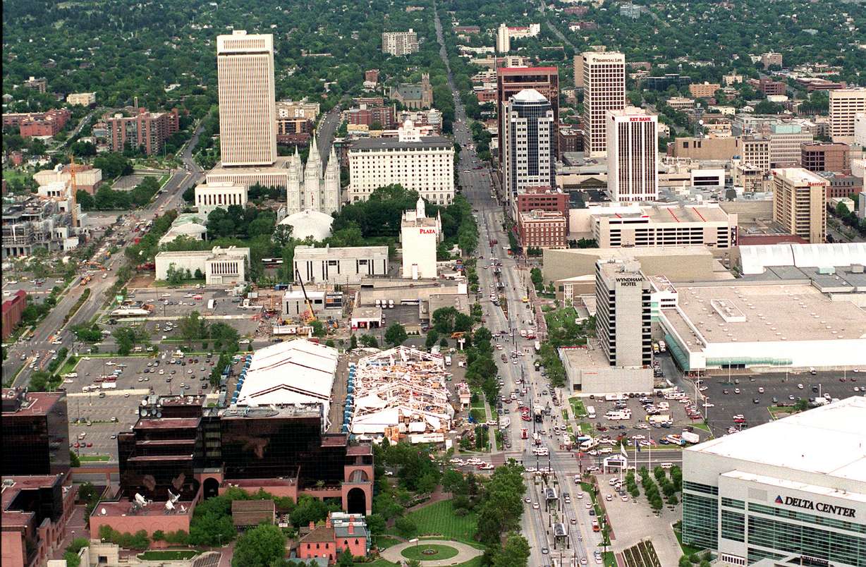 The tornado swept through downtown Salt Lake City, Utah Wednesday, August 11, 1999 swept across the Delta Center (lower right), destroyed a Salt Palace temporary exhibition hall, then continued to the left to collapse a crane aththe LDS Church assembly hall construction site (center left). (Photo: Gary McKellar, Deseret News, File)