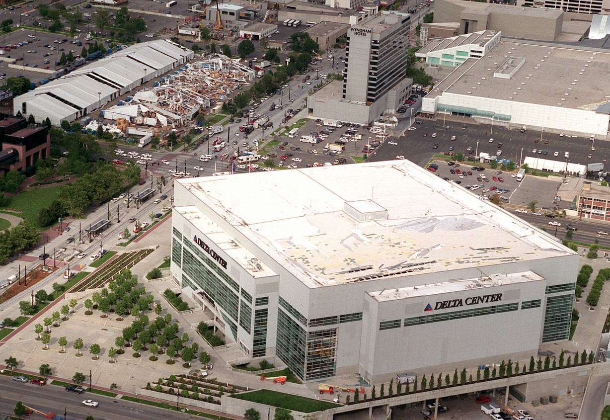 A tornado damaged the Delta Center, Wyndham Hotel, and and a temporary exhibition hall of the Salt Palace in downtown Salt Lake City, Utah Wednesday, August 11, 1999. (Photo: Gary McKellar, Deseret News, File)