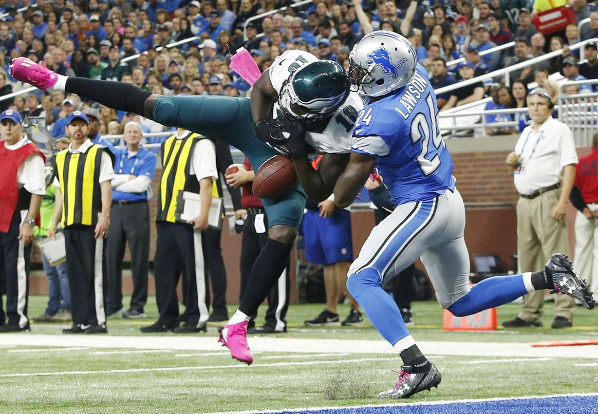 Detroit Lions cornerback Nevin Lawson (24) breaks up the pass to Philadelphia Eagles wide receiver Dorial Green-Beckham (18) inthe end zone in Detroit on Sunday, Oct. 9, 2016. Five players with Utah connections play for the Lions. (Photo: Jeffrey D. Allred, Deseret News)