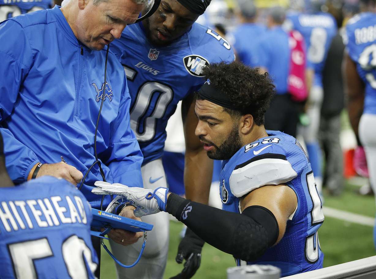 Detroit Lions outside linebacker Kyle Van Noy (53) talks with a coach in Detroit on Sunday, Oct. 9, 2016. Five players with Utah connections play for the Lions. (Photo: Jeffrey D. Allred, Deseret News)