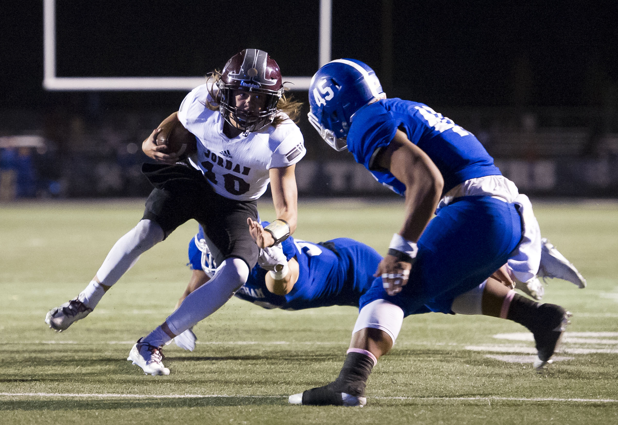Bingham and Jordan duel during a UHSAA football game in South Jordan on Thursday, Oct. 13, 2016. (Photo: Nick Wagner, Deseret News)