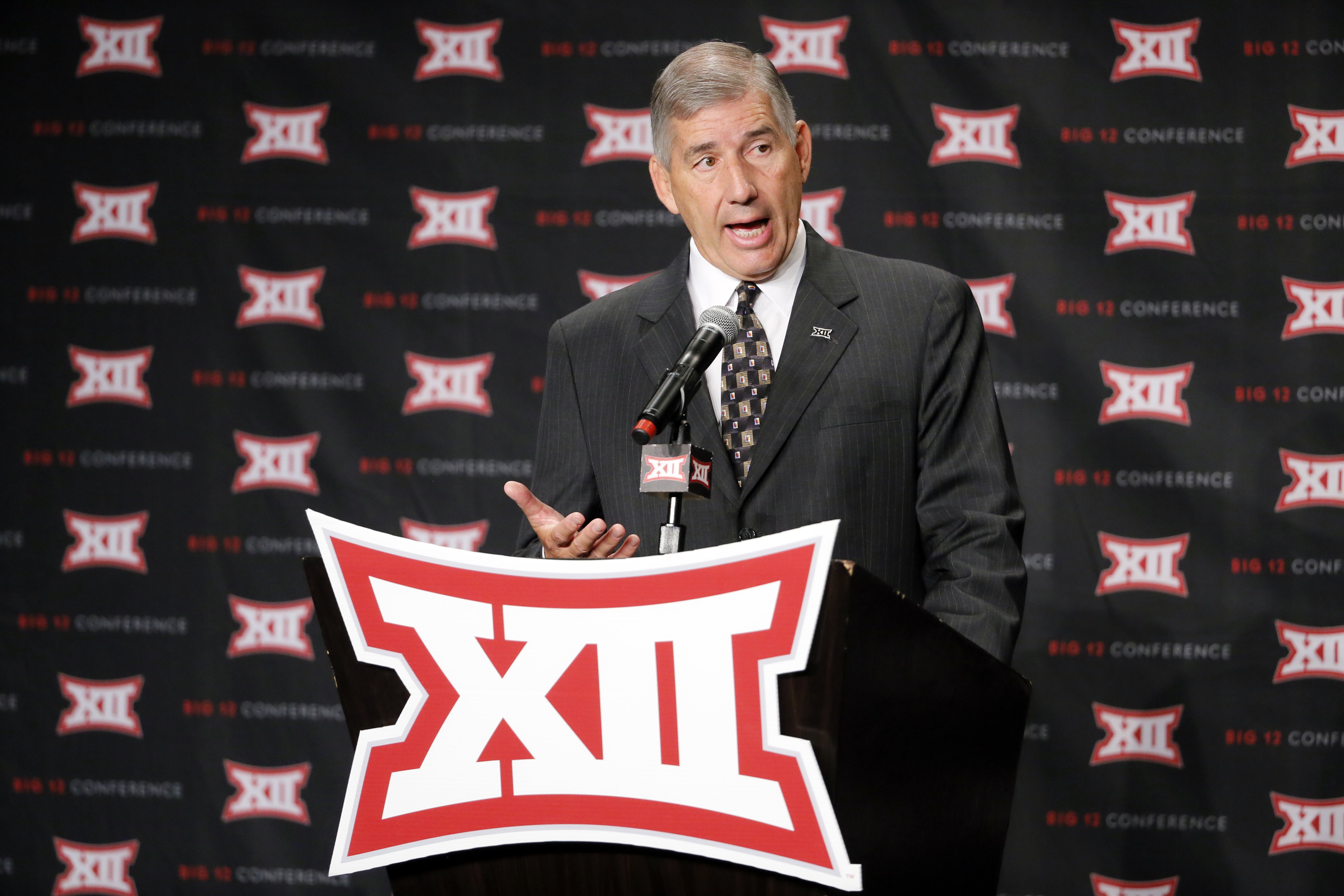 In this July 18, 2016, file photo, Big 12 commissioner Bob Bowlsby addresses attendees during Big 12 media day in Dallas. (AP Photo)