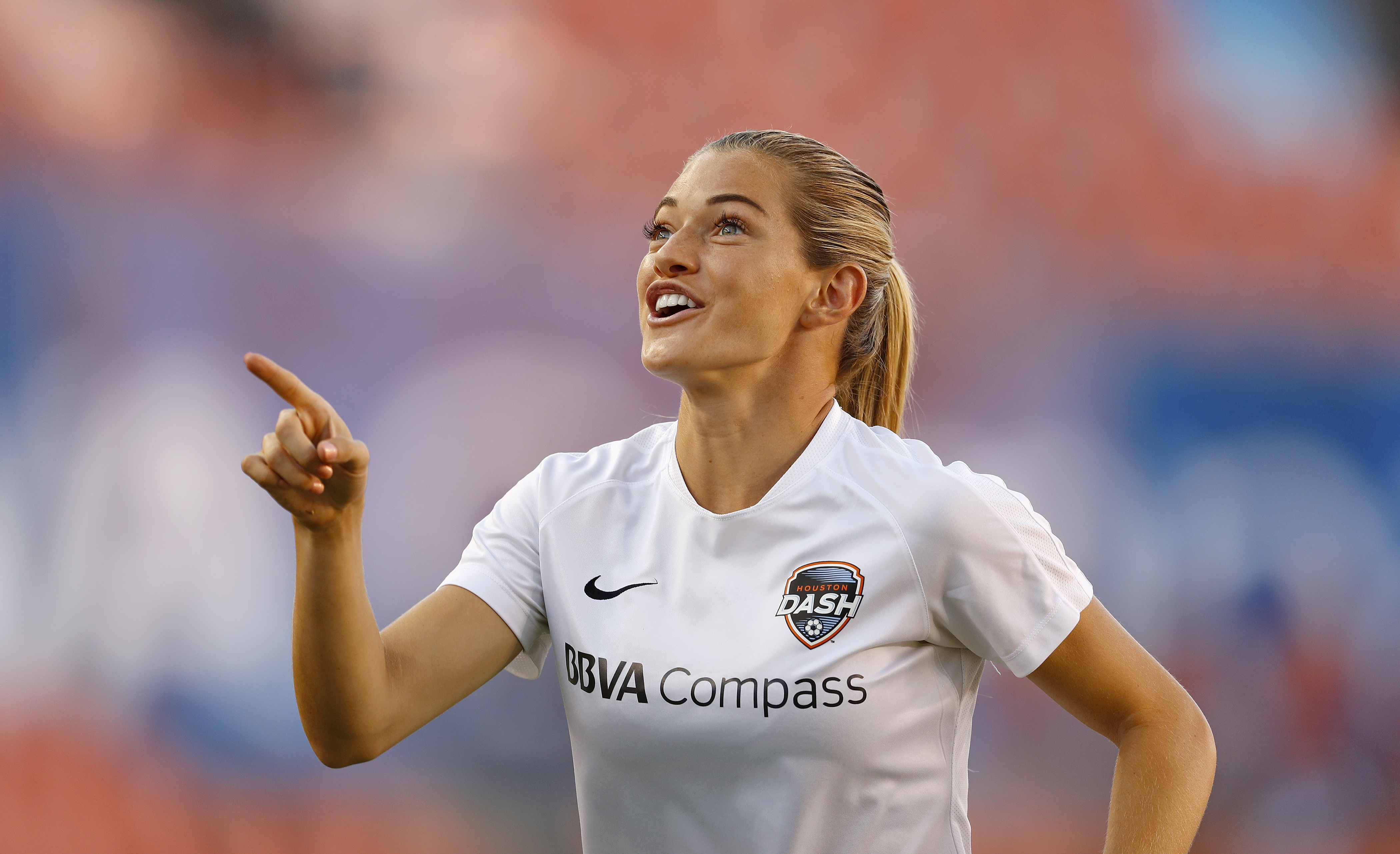 Houston Dash forward Kealia Ohai (7) smiles prior to a National Women's Soccer League game against the Portland Thorns FC at BBVA Compass Stadium on Saturday, July 16, 2016, in Houston. Houston won 3-0. (Aaron M. Sprecher via AP)