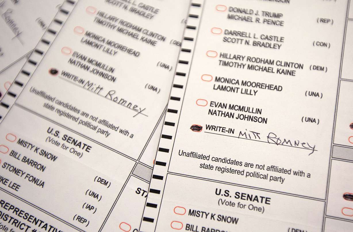 Mitt Romney's name is seen on ballots at the Salt Lake County Government Center in Salt Lake City, Friday, Oct. 21, 2016. (Photo: Hans Koepsell, Deseret News)