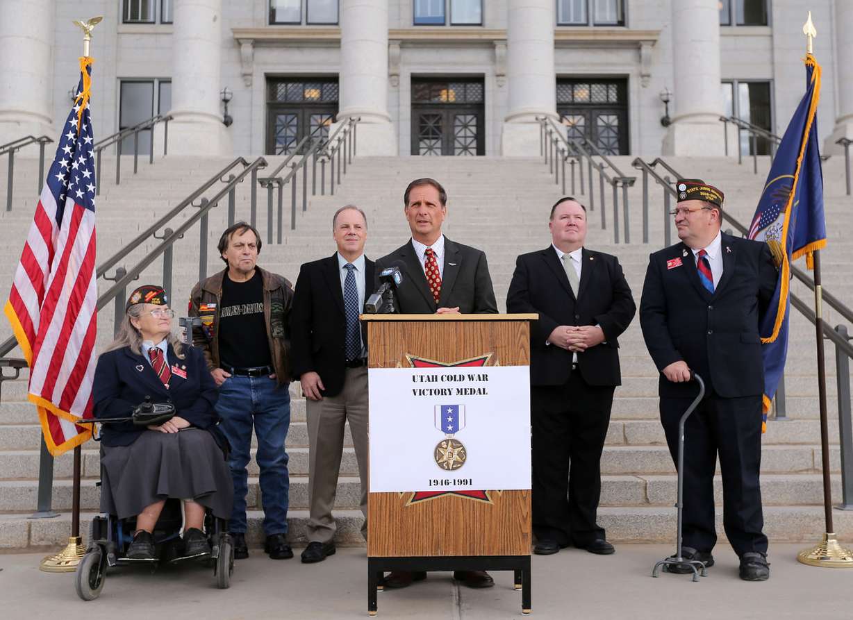 Rep. Chris Stewart talks about the new Utah Cold War Victory Medal on the front steps of the state Capitol in Salt Lake City on Tuesday, Oct. 25, 2016. (Photo: Kristin Murphy)
