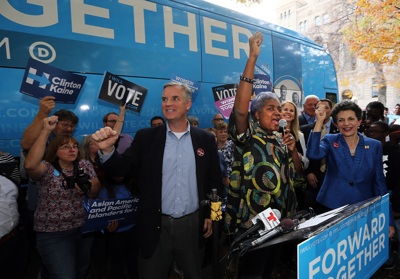 Donna Brazile, interim chairwoman of the Democratic National Committee, speaks at a rally with Utah Democratic Party Chairman Peter Corroon, left, and Utah House Minority Caucus Manager Patrice Arent, D-Millcreek, right, in Salt Lake City on Thursday, Oct. 27, 2016. (Photo: Ravell Call, Deseret News)