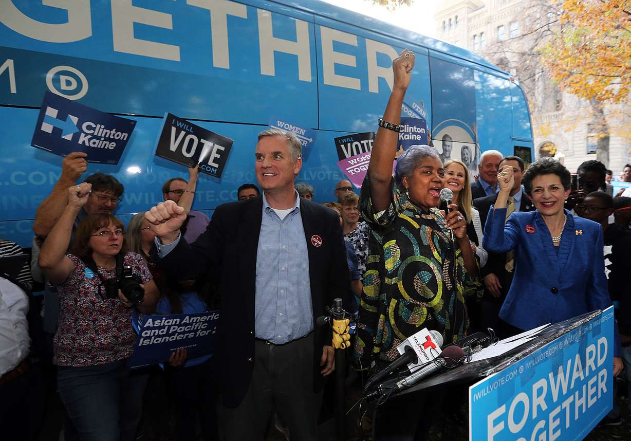 Donna Brazile, interim chairwoman of the Democratic National Committee, speaks at a rally with Utah Democratic Party Chairman Peter Corroon, left, and Utah House Minority Caucus Manager Patrice Arent, D-Millcreek, right, in Salt Lake City on Thursday, Oct. 27, 2016. (Photo: Ravell Call, Deseret News)