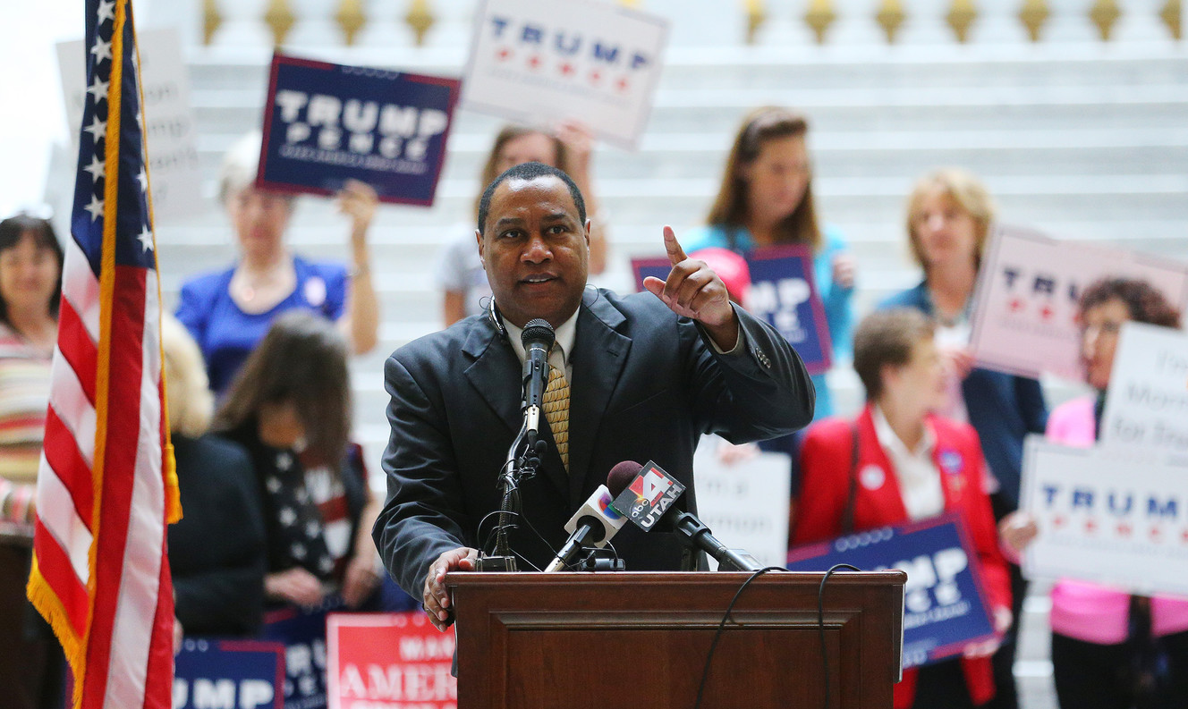 Utah Republican Party Chairman James M. Evans joins other state and federal GOP leaders from Utah at the Capitol rotunda in Salt Lake City to rally support for presidential candidate Donald Trump on Tuesday, Nov. 1, 2016. (Photo: Scott G Winterton, Deseret News)
