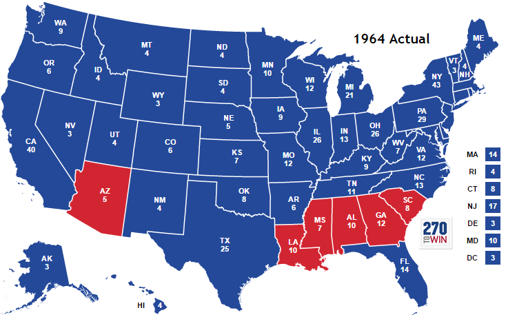 The 1964 election was the last in that Utah voted for a Democrat for president. Lyndon B. Johnson won that election over Barry Goldwater in a landslide (Photo: 270 To Win)