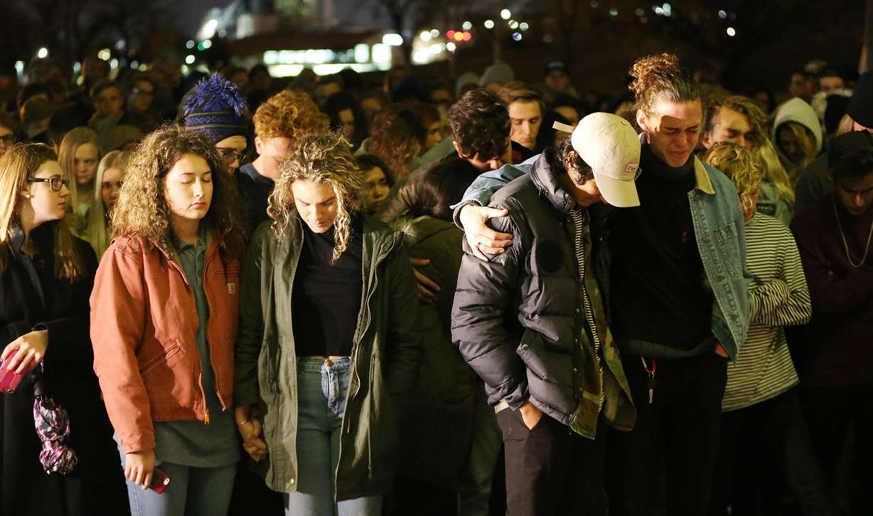 Friends and family hold a vigil for Corner Canyon High School students Lexie Fenton and Ethan Fraga at Draper Park in Draper on Sunday, Nov. 20, 2016. Both were killed in an auto accident on Highland Drive. (Jeffrey D. Allred, Deseret News)