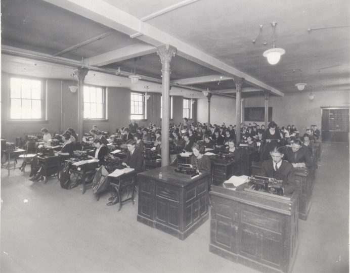 A photo of students typing at what is now known as the LDS Business College sometime in the early 1900s. The school added a typing program in 1900. (Photo: LDS Business College)