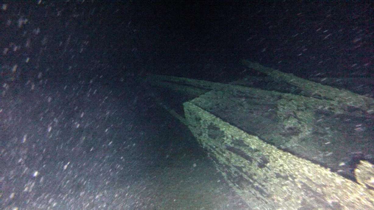 In this undated photo provided by Roger Pawlowski, the bow area of the "Black Duck" is shown in 350 feet of water off Oswego, N.Y. Underwater explorers say they've found the 144-year-old Lake Ontario shipwreck of the rare sailing vessel that typically wasn't used on the Great Lakes. The 51-foot-long, single-masted ship known as a scow-sloop sank during a gale while hauling goods along the lake's eastern end in August 1872. (Roger Pawlowski via AP)
