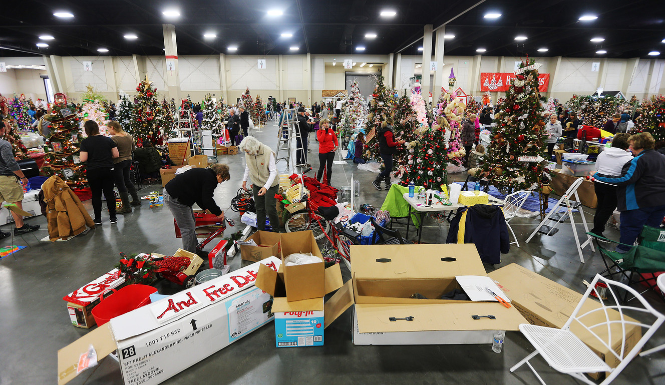 Hundreds decorate Christmas trees in preparation for the Festival of Trees at the South Towne Center in Sandy on Monday, Nov. 28, 2016. The festival runs Wednesday, Nov. 30 through Saturday, Dec. 3, from 10 a.m. to 10 p.m. each day. (Photo: Scott G Winterton, Deseret News)
